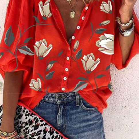 Floral Printed Stand Collar Loose Shirt