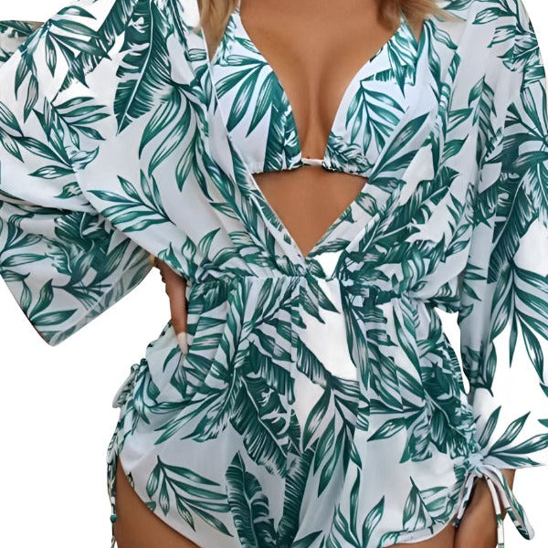 Tropical Print Tie High Waist Bikini Three-Piece Set
