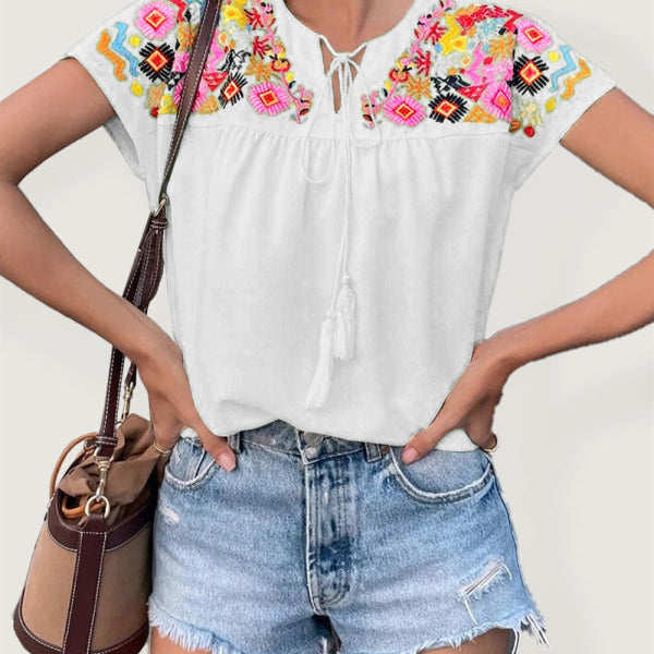 Embroidered Tassel Tie Collar Batwing Shirt