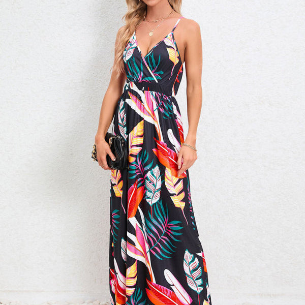 Tropical Suspender Backless Slim Dress