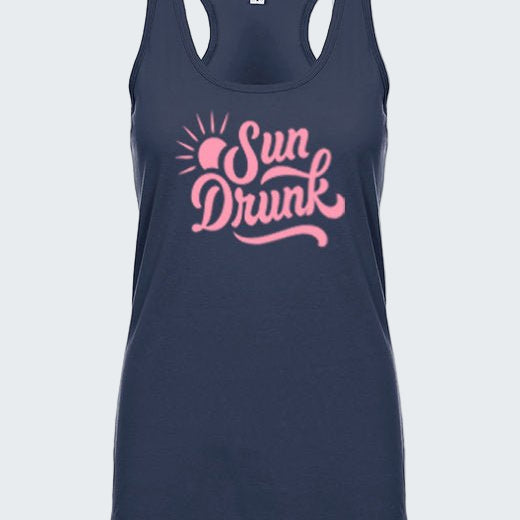 Navy tank top with pink 'Sun Drunk' text on a white background