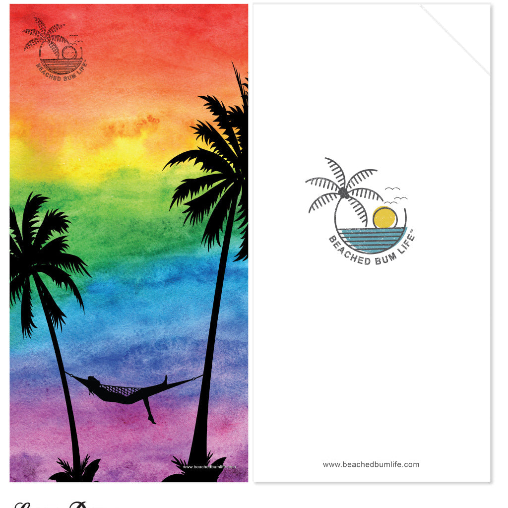 Colorful watercolor design with palm trees and a hammock, featuring 'Beached Bum Life' branding.