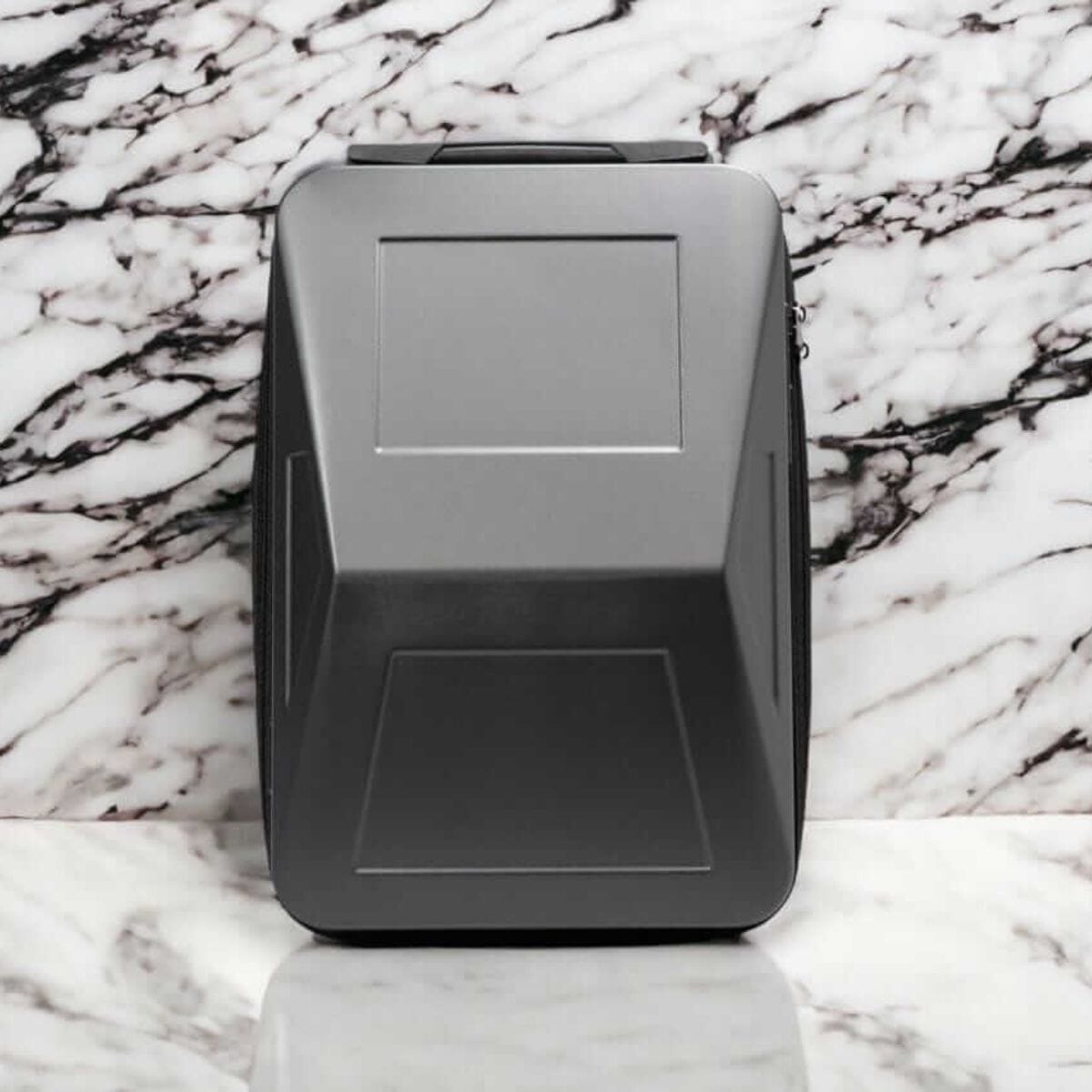 Gray storage bin on a marble surface