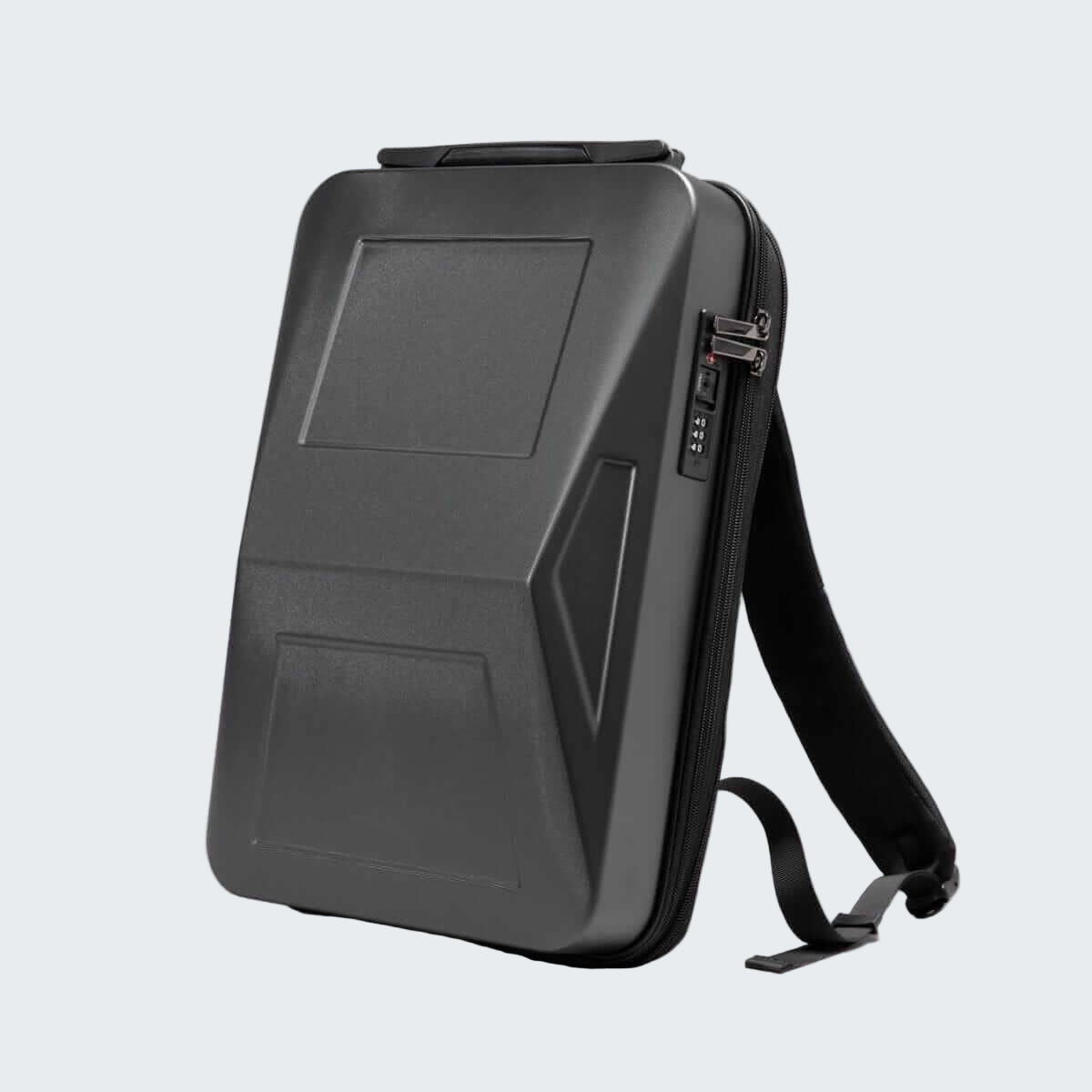 Black backpack with a solar panel on a white background