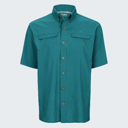 Teal short-sleeve shirt with button details on a white background