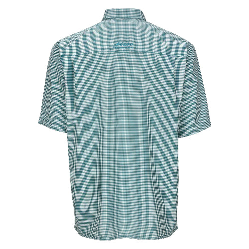 Green checkered polo shirt with Adidas logo on the back against a white background
