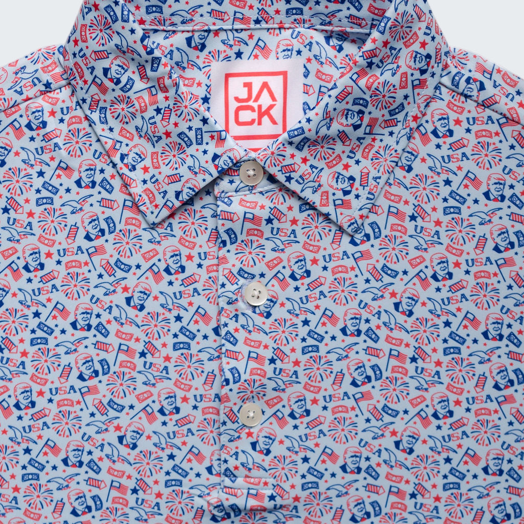 Patterned shirt with a visible brand logo on a white background