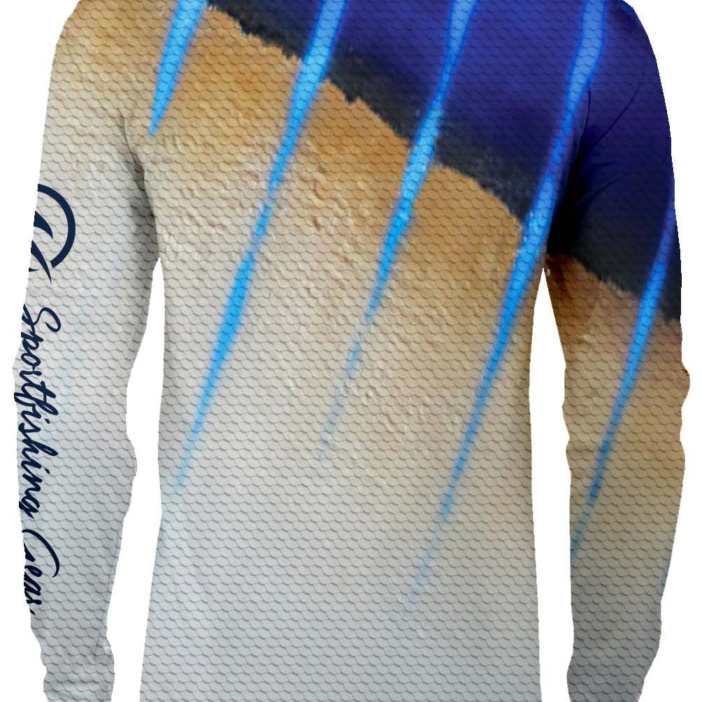 Long-sleeve shirt with gradient design and branding on a white background