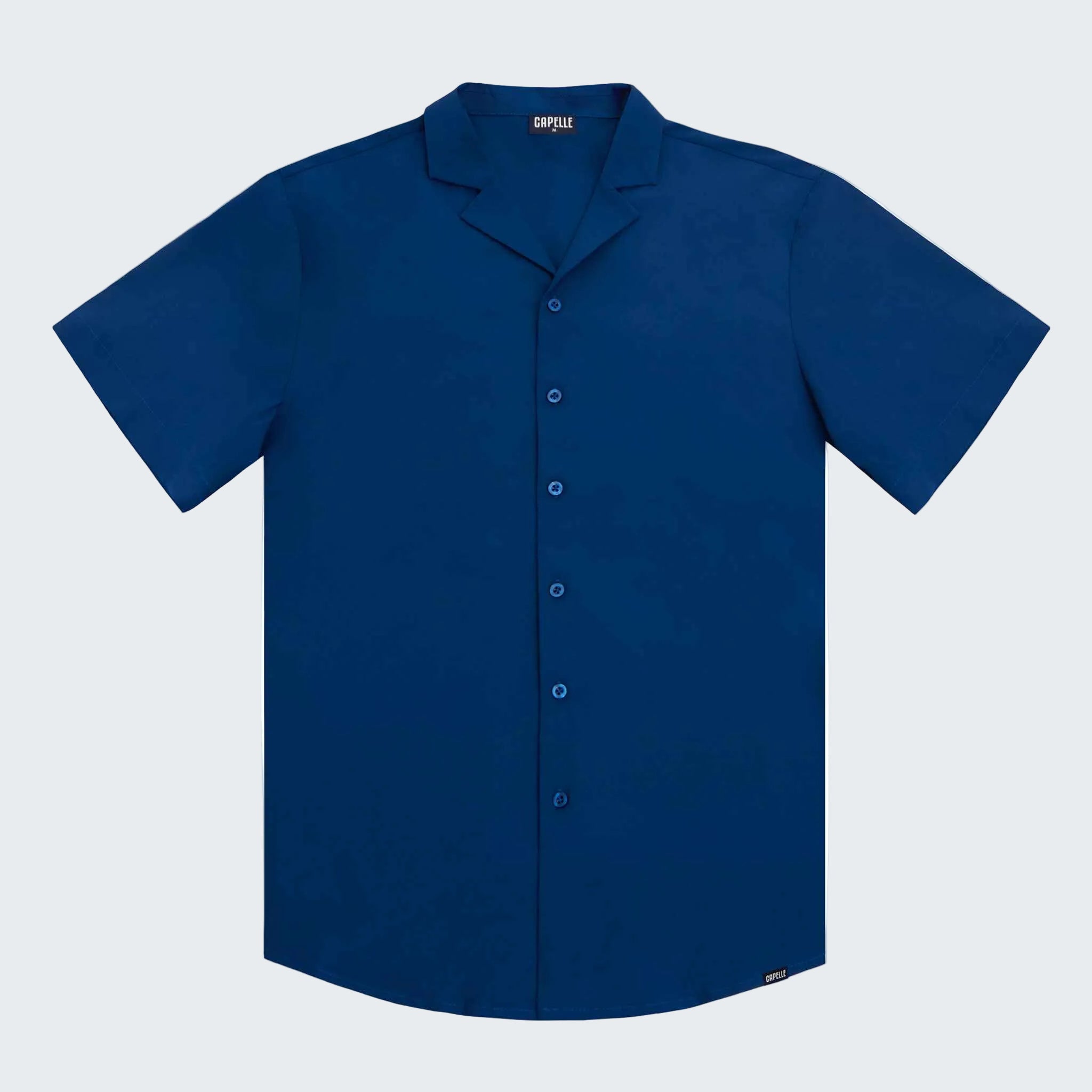 Blue short-sleeve button-up shirt on a white background