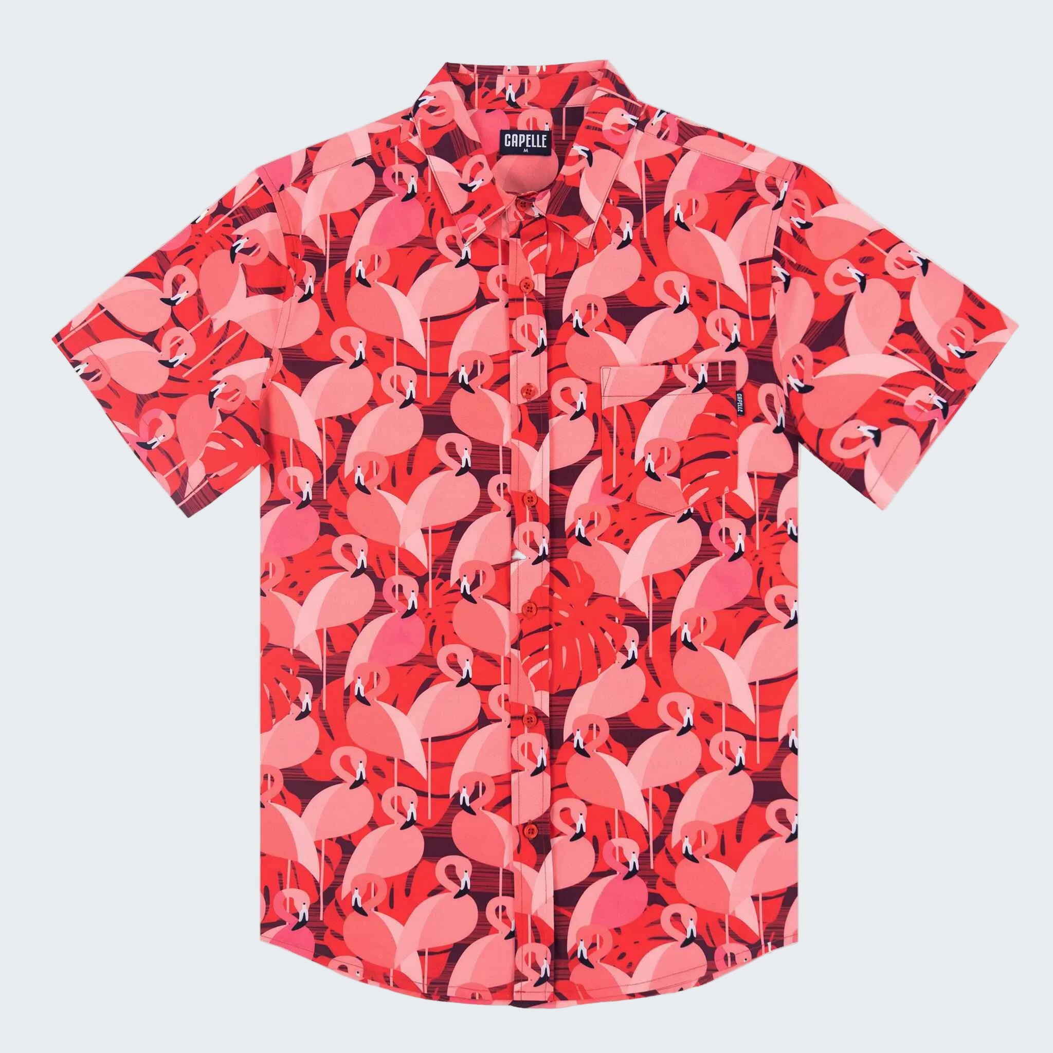 Short-sleeve shirt with flamingo pattern on a white background