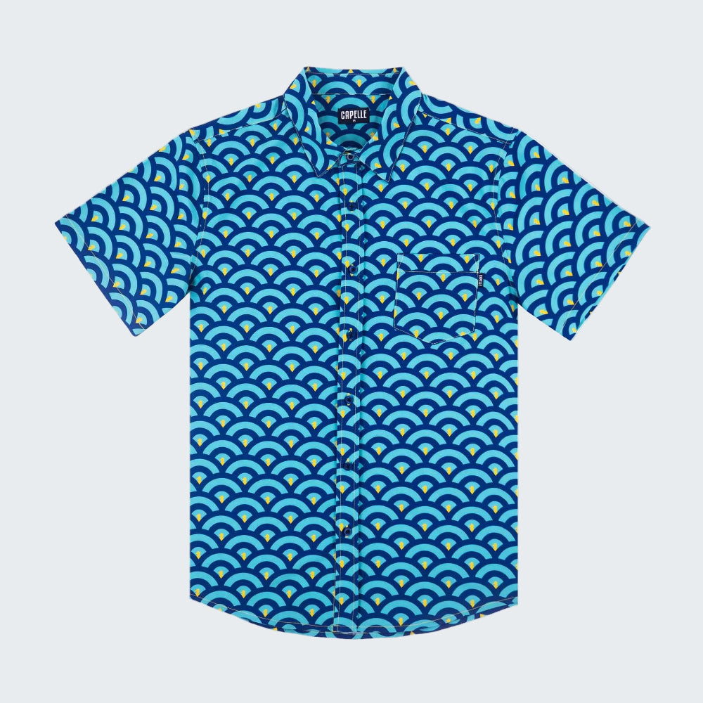 Blue patterned shirt with short sleeves on a white background