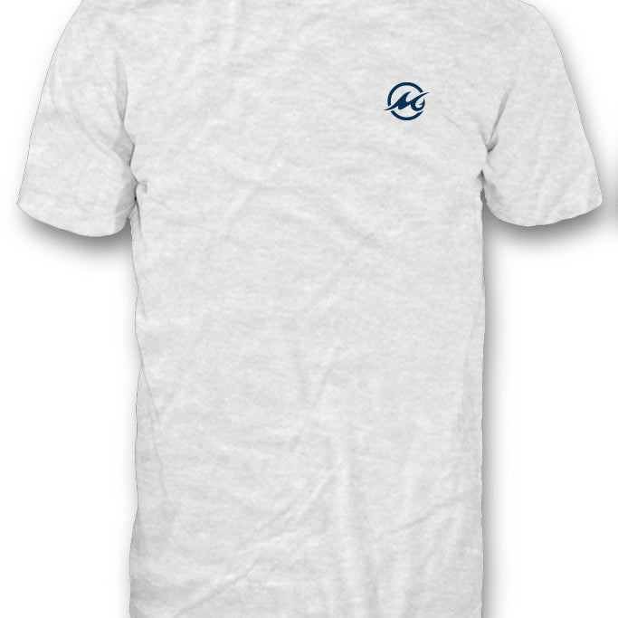 White t-shirt with a blue logo on a white background