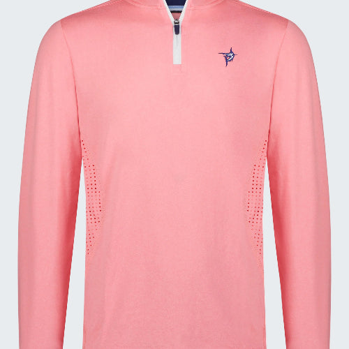 Pink long-sleeve shirt with a small logo on a white background
