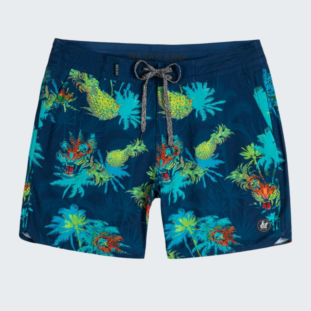 Navy blue swim shorts with colorful pineapple and crab pattern on a white background