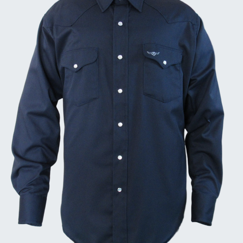 Navy blue shirt with button details on a white background