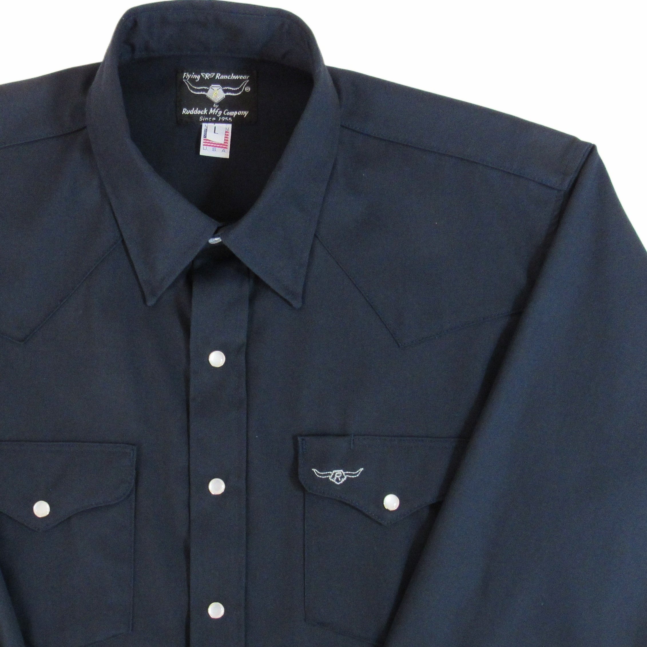 Navy blue shirt with white buttons on a white background