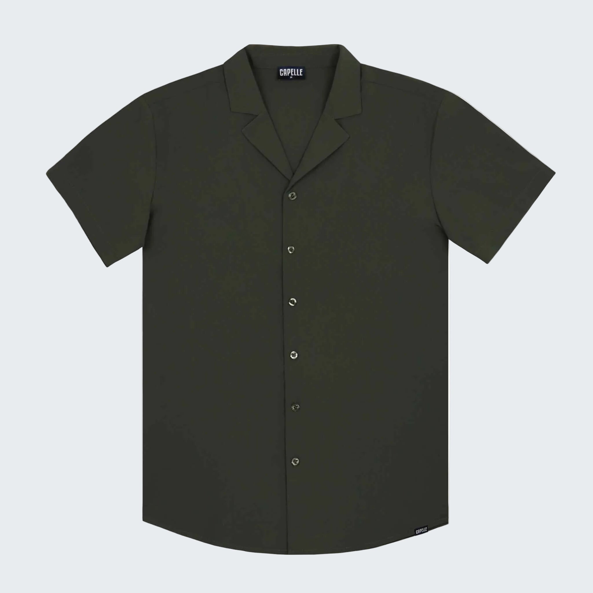 Black short-sleeve button-up shirt on a white background