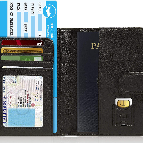 Black wallet with multiple cards and a passport holder on a white background