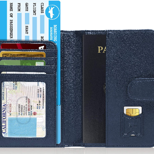 Navy blue wallet with compartments for cards, a passport, and a driver's license on a white background.