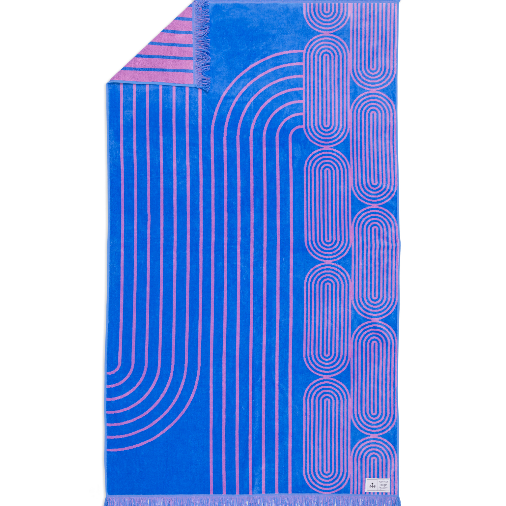 Blue towel with pink geometric pattern on a white background