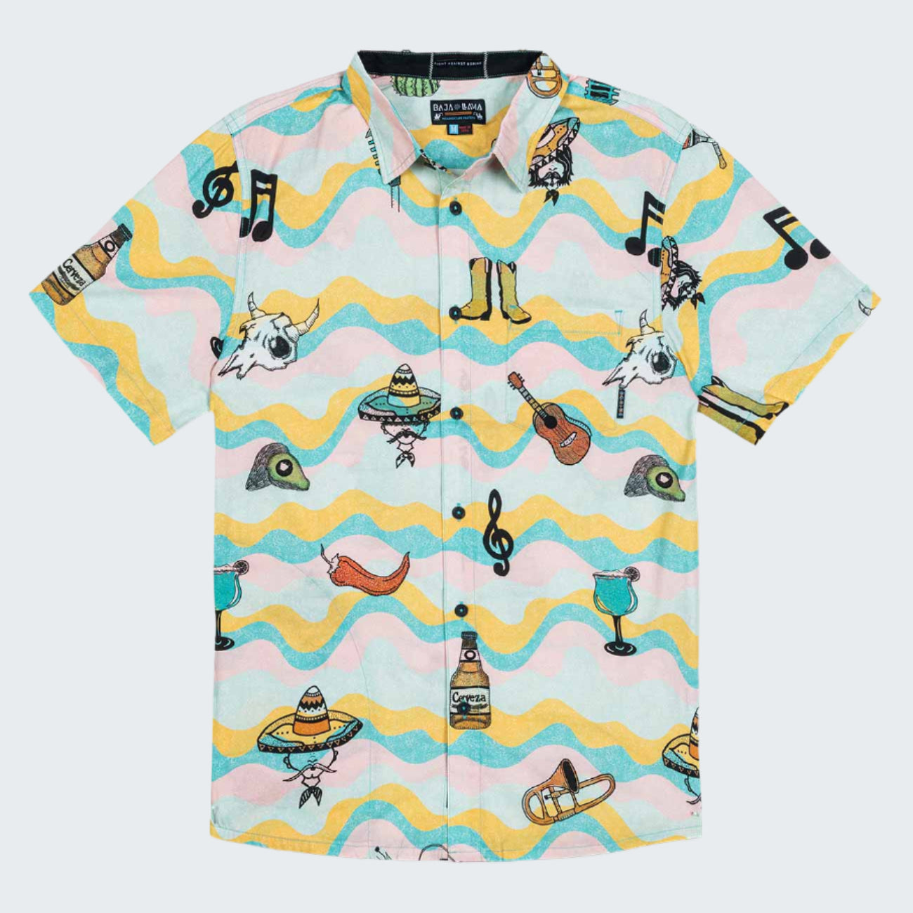 Colorful shirt with musical and cultural-themed graphics on a white background