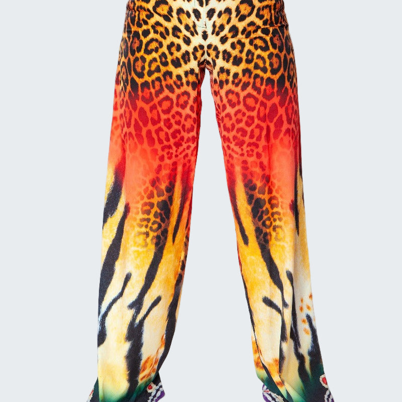 Colorful leopard print pants on a white background
