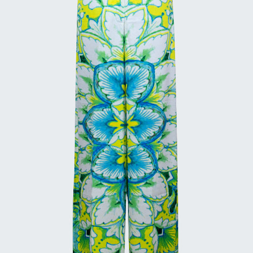 Colorful floral-patterned pants on a white background