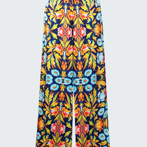 Colorful floral-patterned pants on a white background