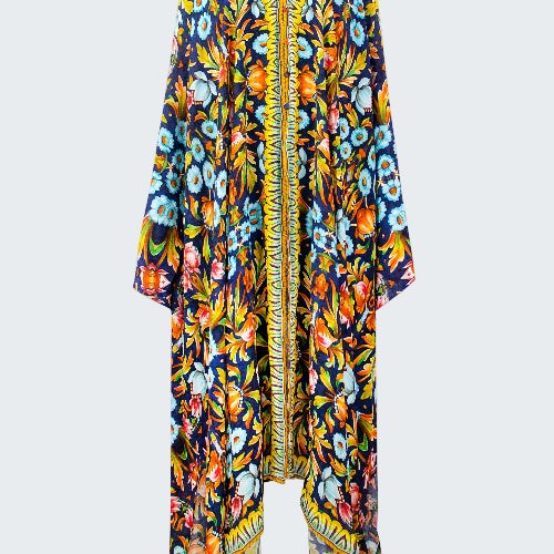 Colorful floral-patterned dress with a zipper on a white background