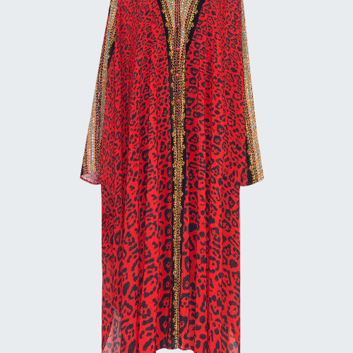 Red leopard print dress with gold trim on a white background