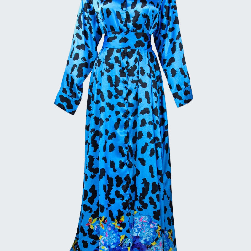 Blue dress with black leopard print on a white background