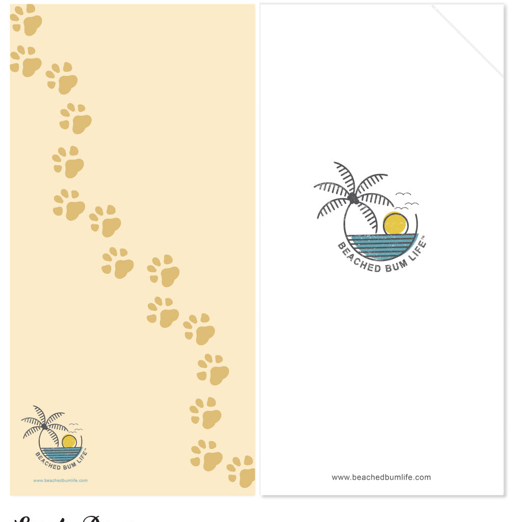 Beach-themed product with paw prints and 'Beached Bum Life' logo on a beige background