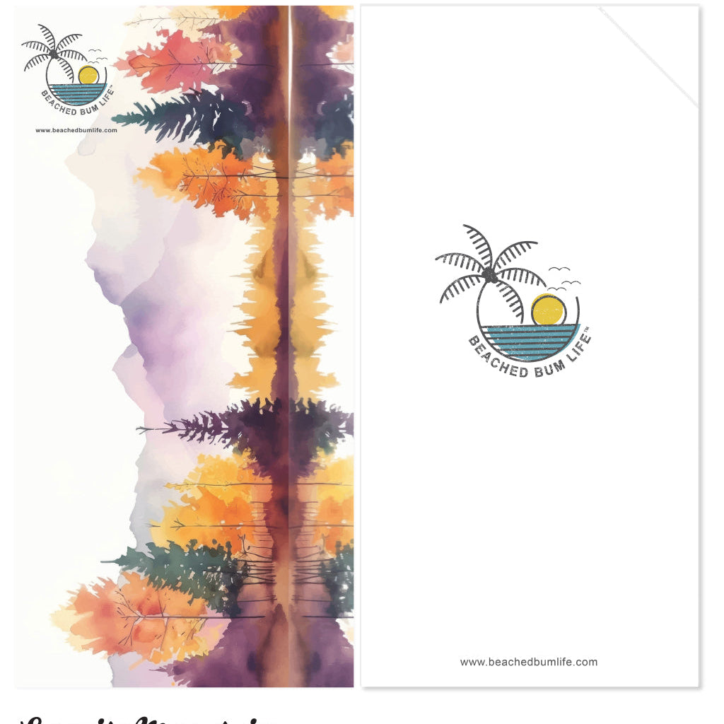 Tie-dye design with palm trees and 'Beached Bum Life' logo on a white background