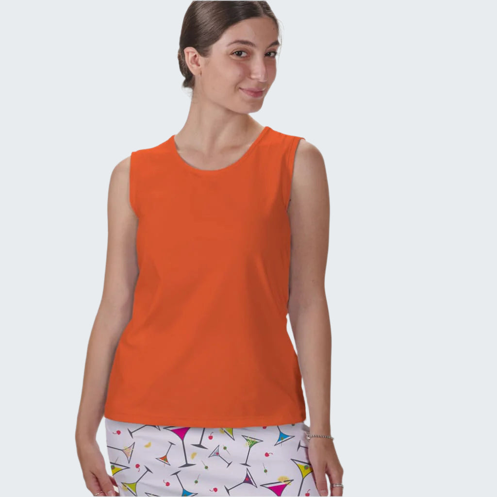 Woman wearing an orange sleeveless top with a white background