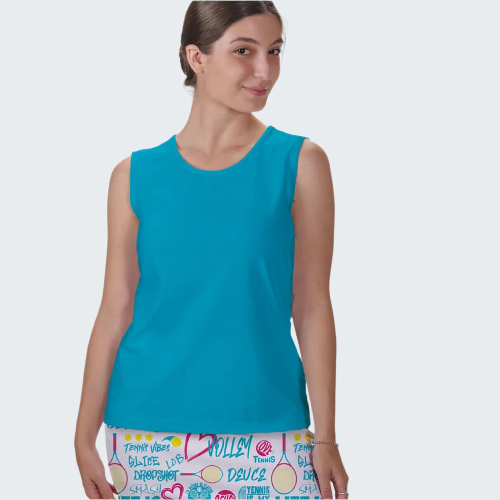Woman wearing a blue sleeveless top and colorful shorts with text on a white background