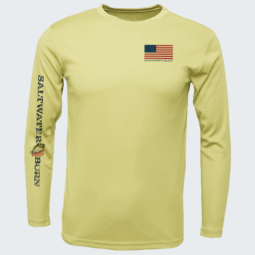 Yellow long-sleeve shirt with American flag and 'Saltwater Born' text on a white background