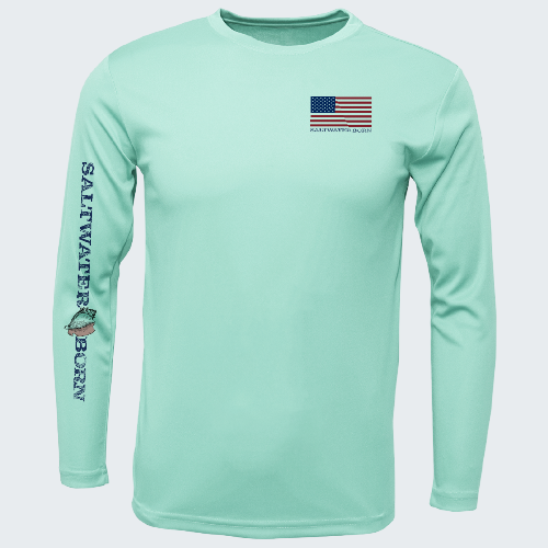 Light blue long-sleeve shirt with 'Saltwater Born' branding and American flag on a white background