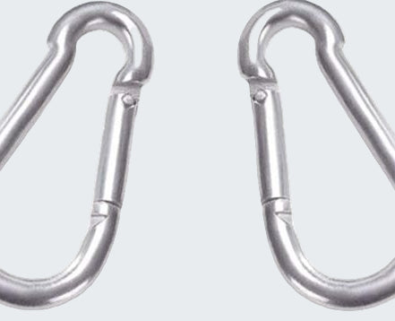 Two silver carabiners on a white background
