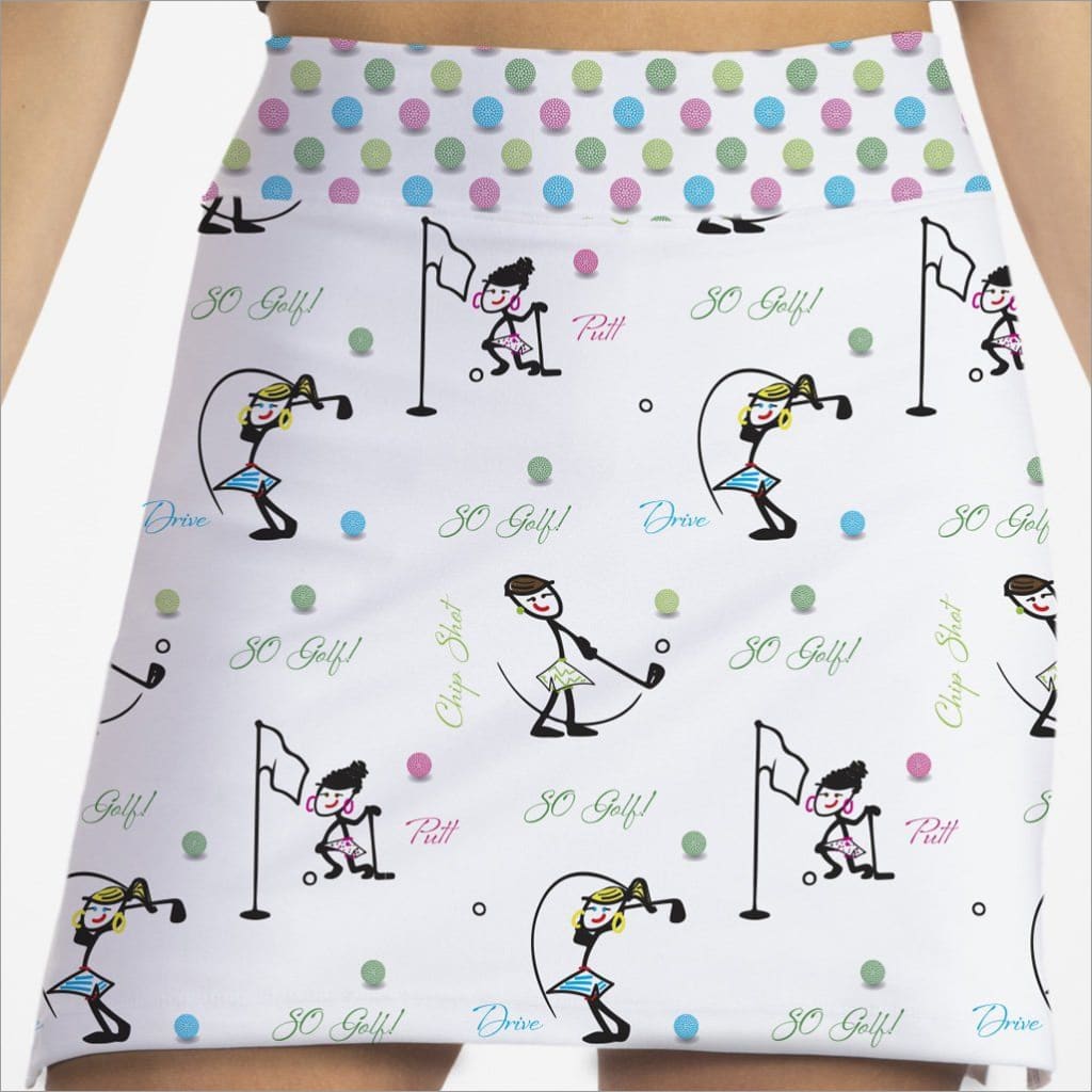 Fabric with golf-themed design featuring stick figures and text on a white background