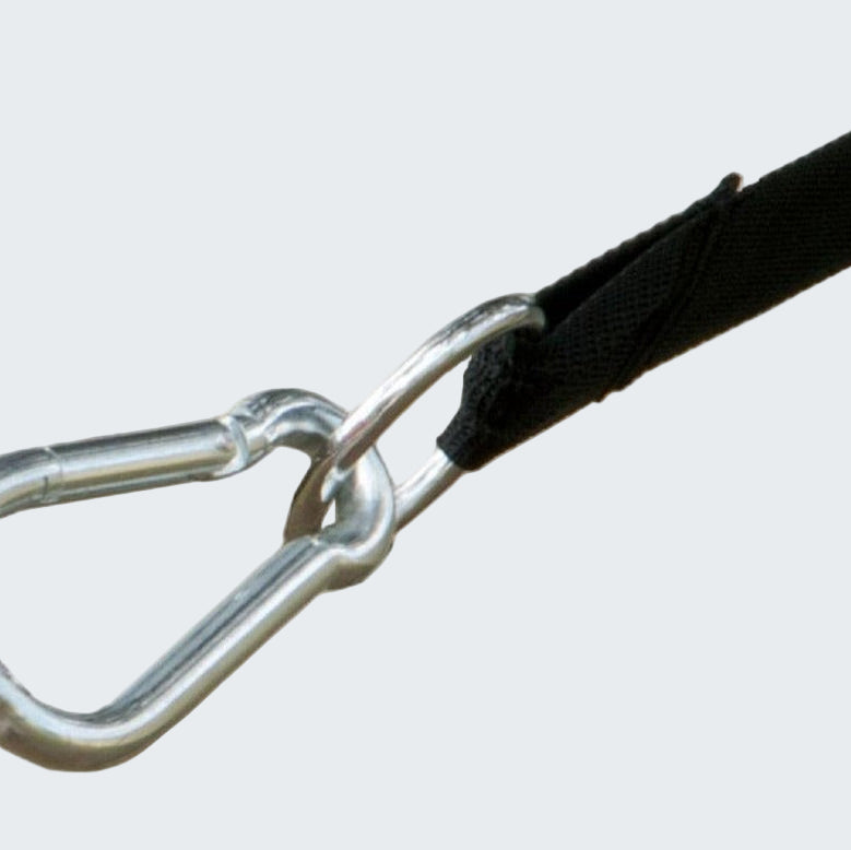 Metal carabiner attached to a black strap on a white background