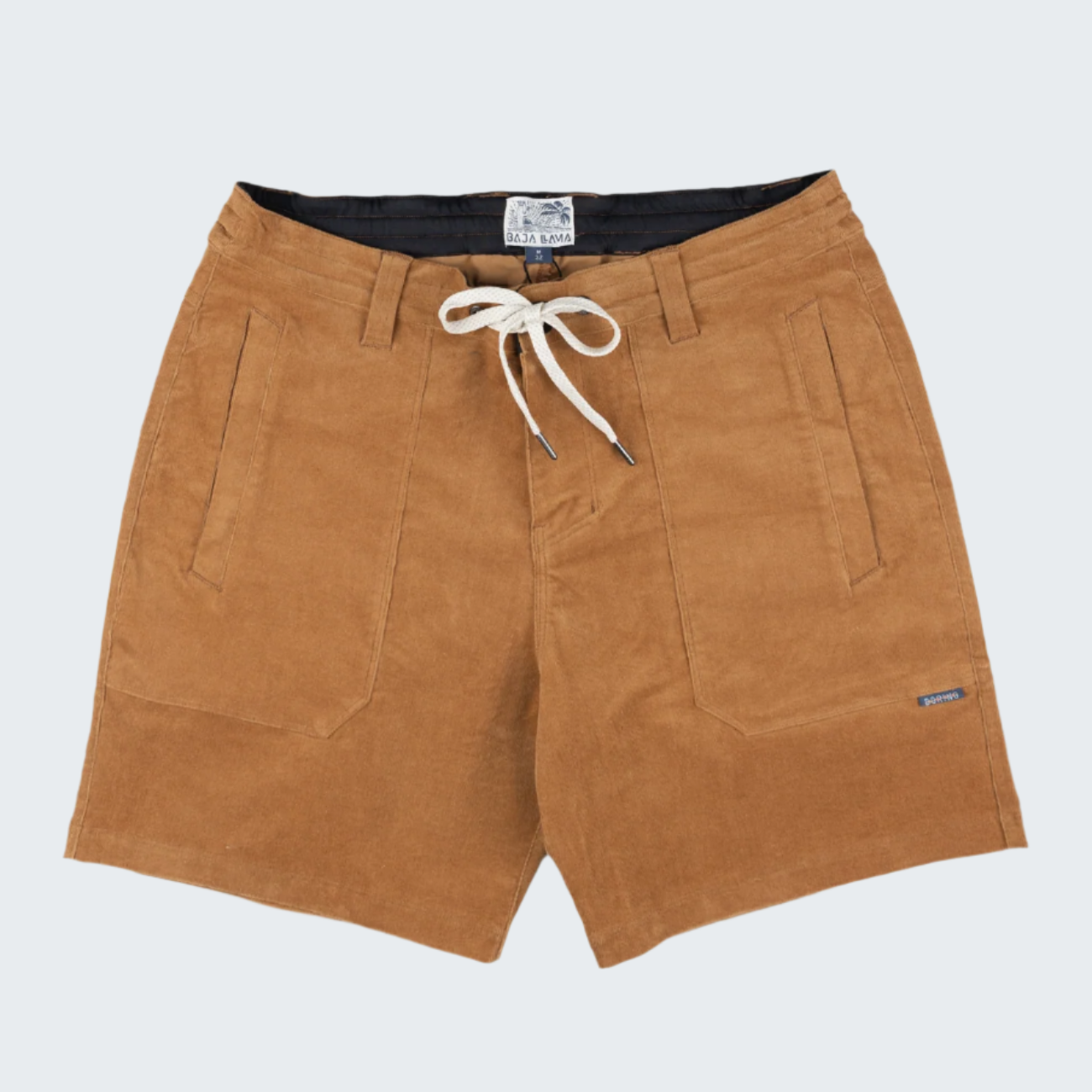 Brown shorts with a drawstring on a white background