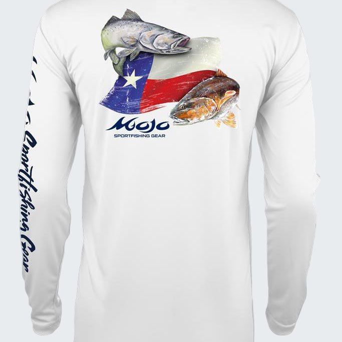 White long-sleeve shirt with fish graphics and a flag design on a white background
