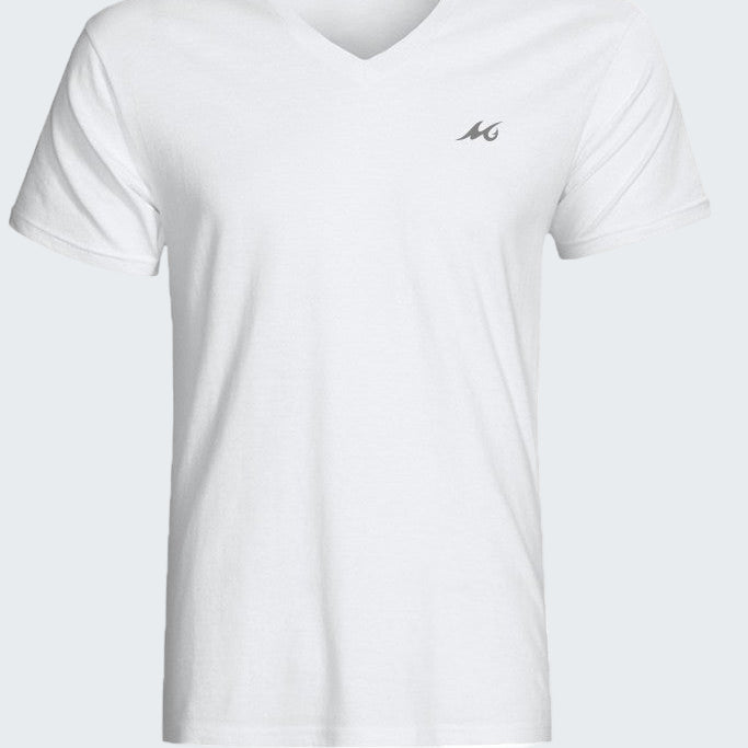 White t-shirt with a logo on a white background