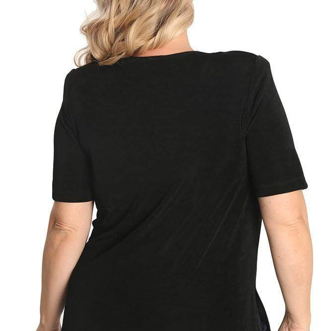 Person wearing a black t-shirt on a white background
