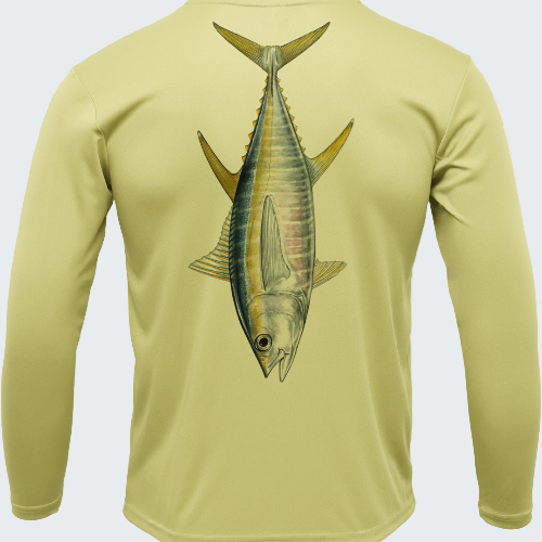 Light green long-sleeve shirt with a fish design on the back against a white background
