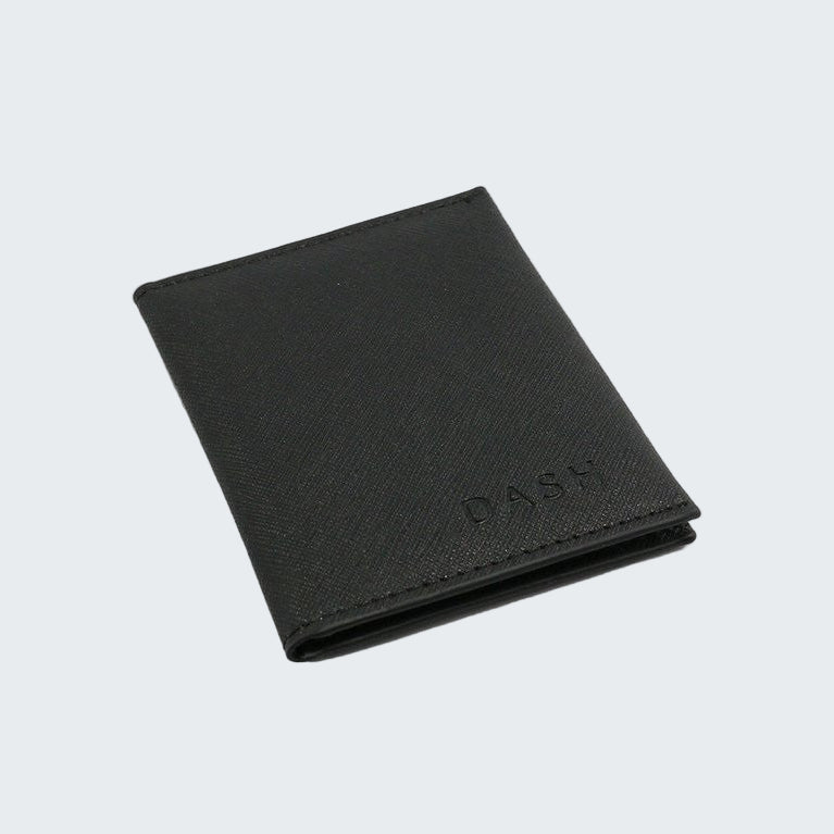 Black wallet with 'DASK' branding on a light gray background