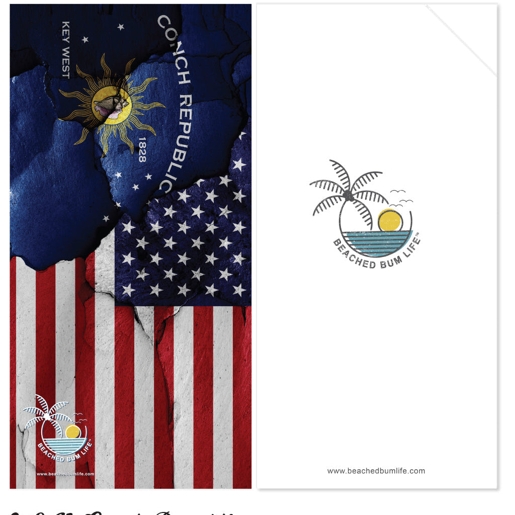 Design with American flag and Conch Republic flag, featuring 'Beached Bum Life' logo.