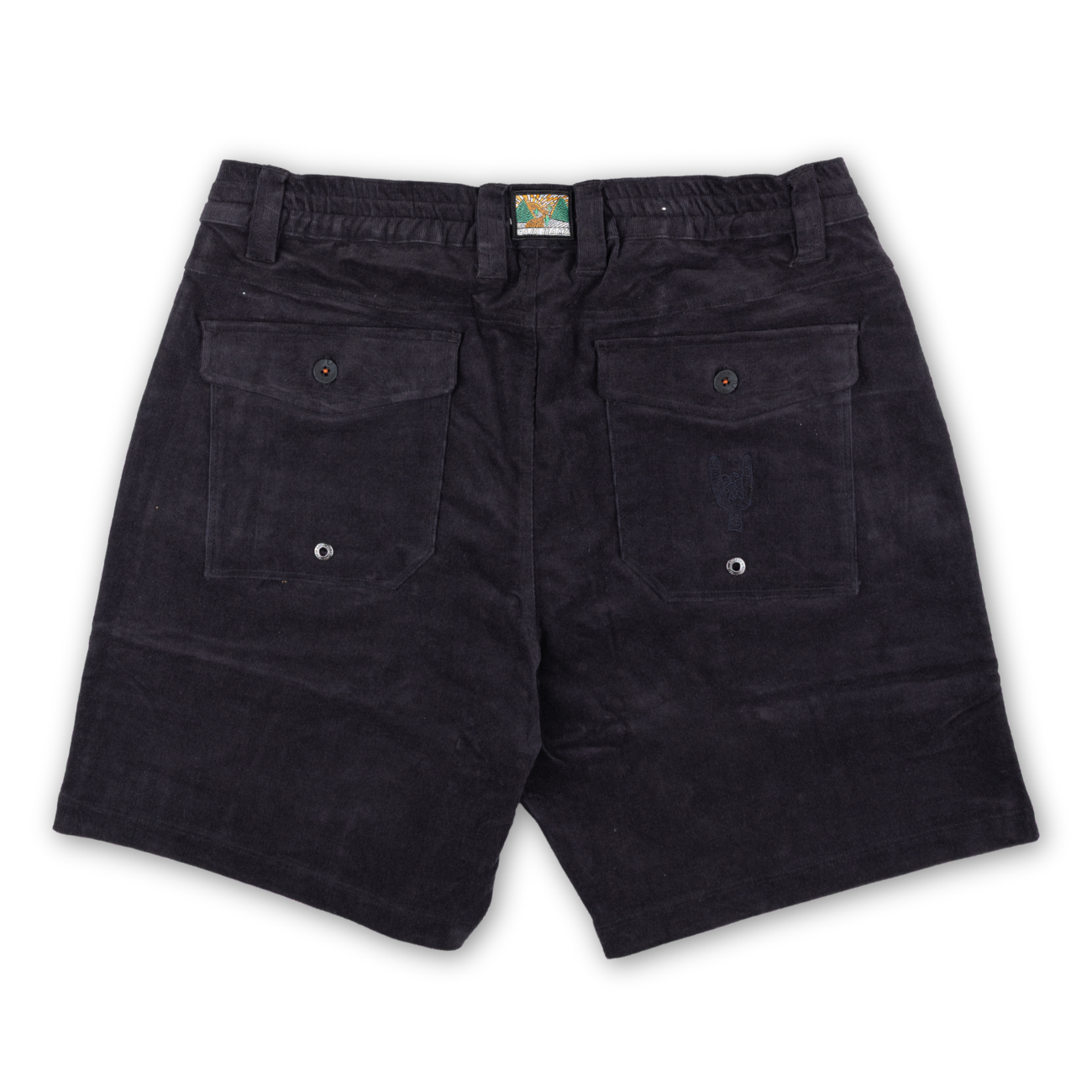Black shorts with a brand logo on a white background
