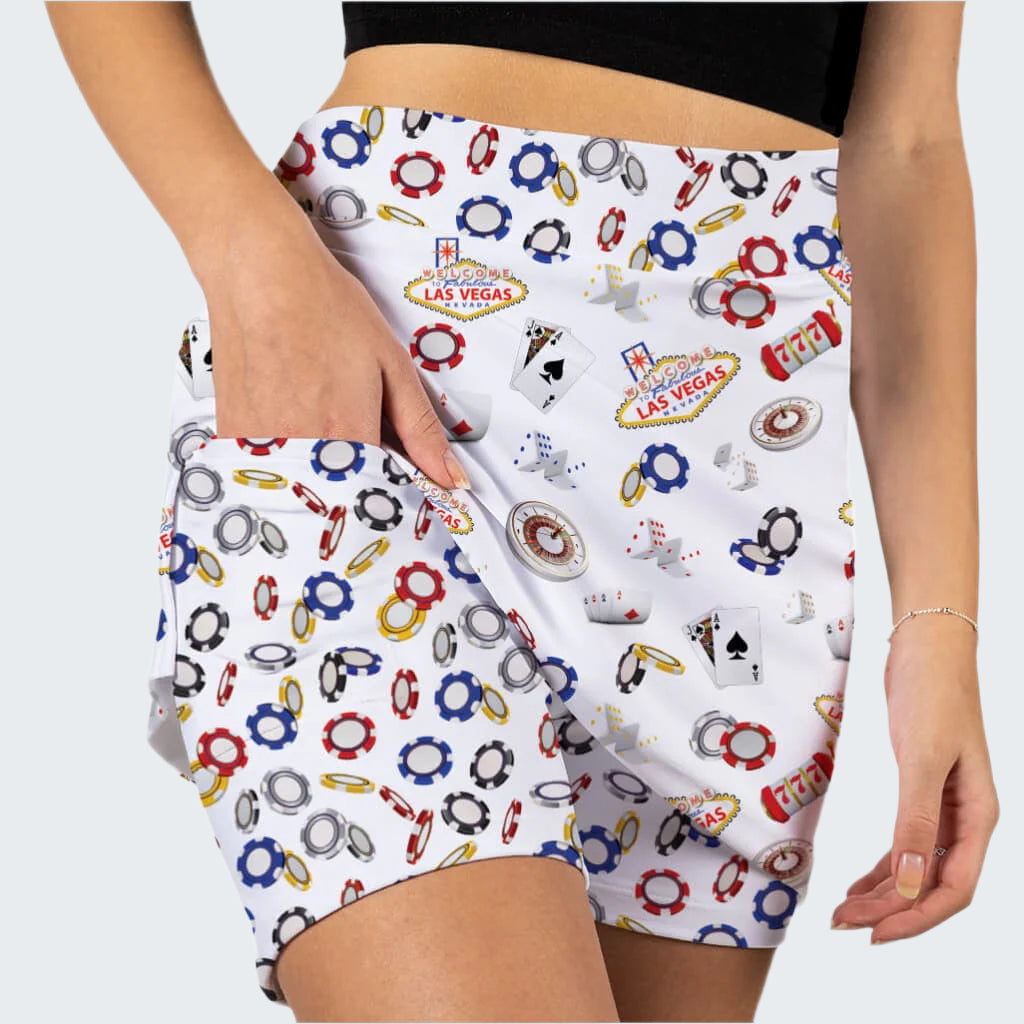Shorts with Las Vegas-themed pattern on a white background