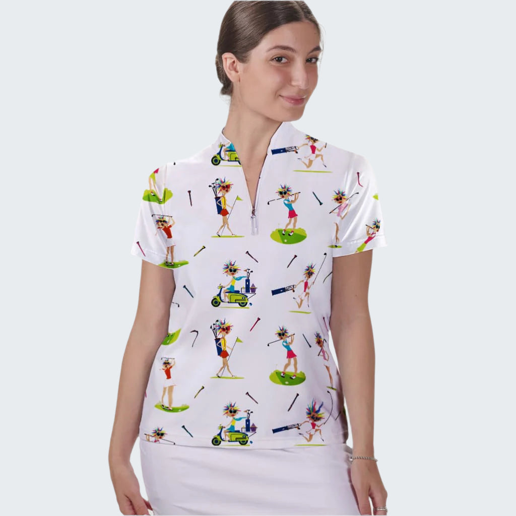 Woman wearing a white polo shirt with colorful golf-themed patterns on a white background